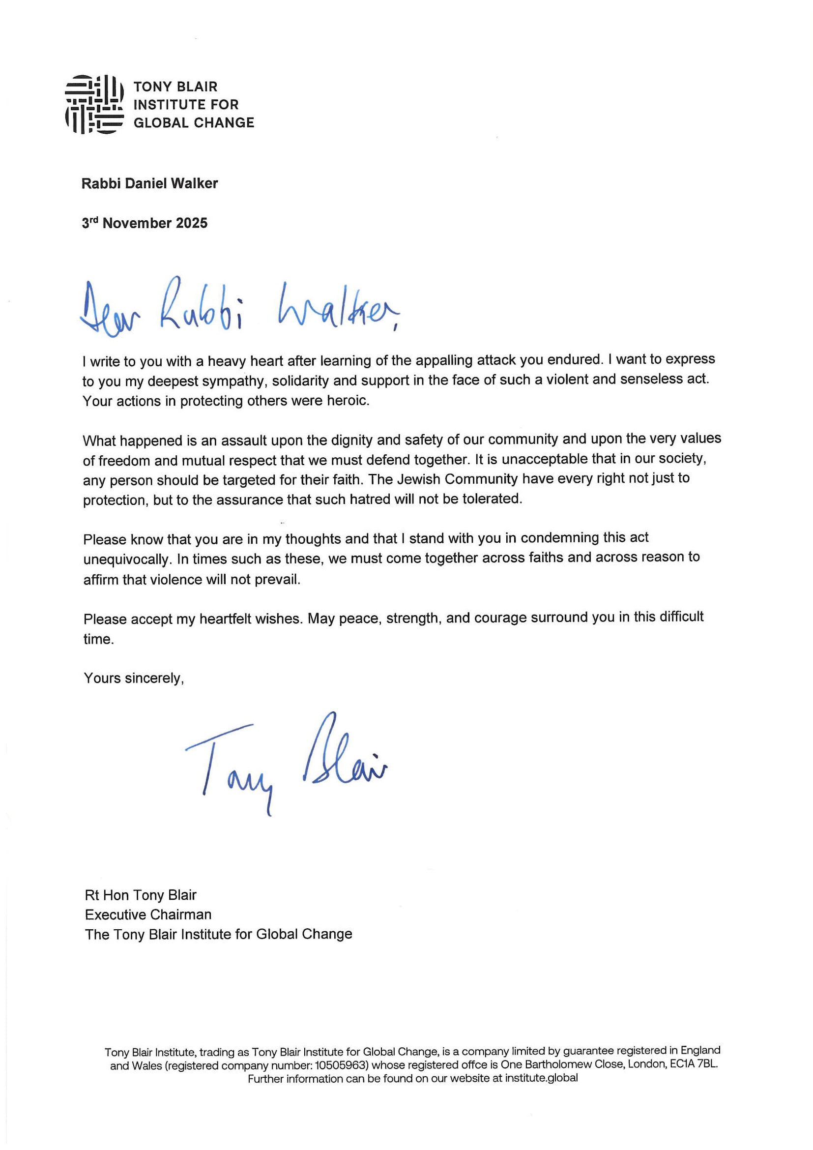 Letter from RT Hon Tony Blair