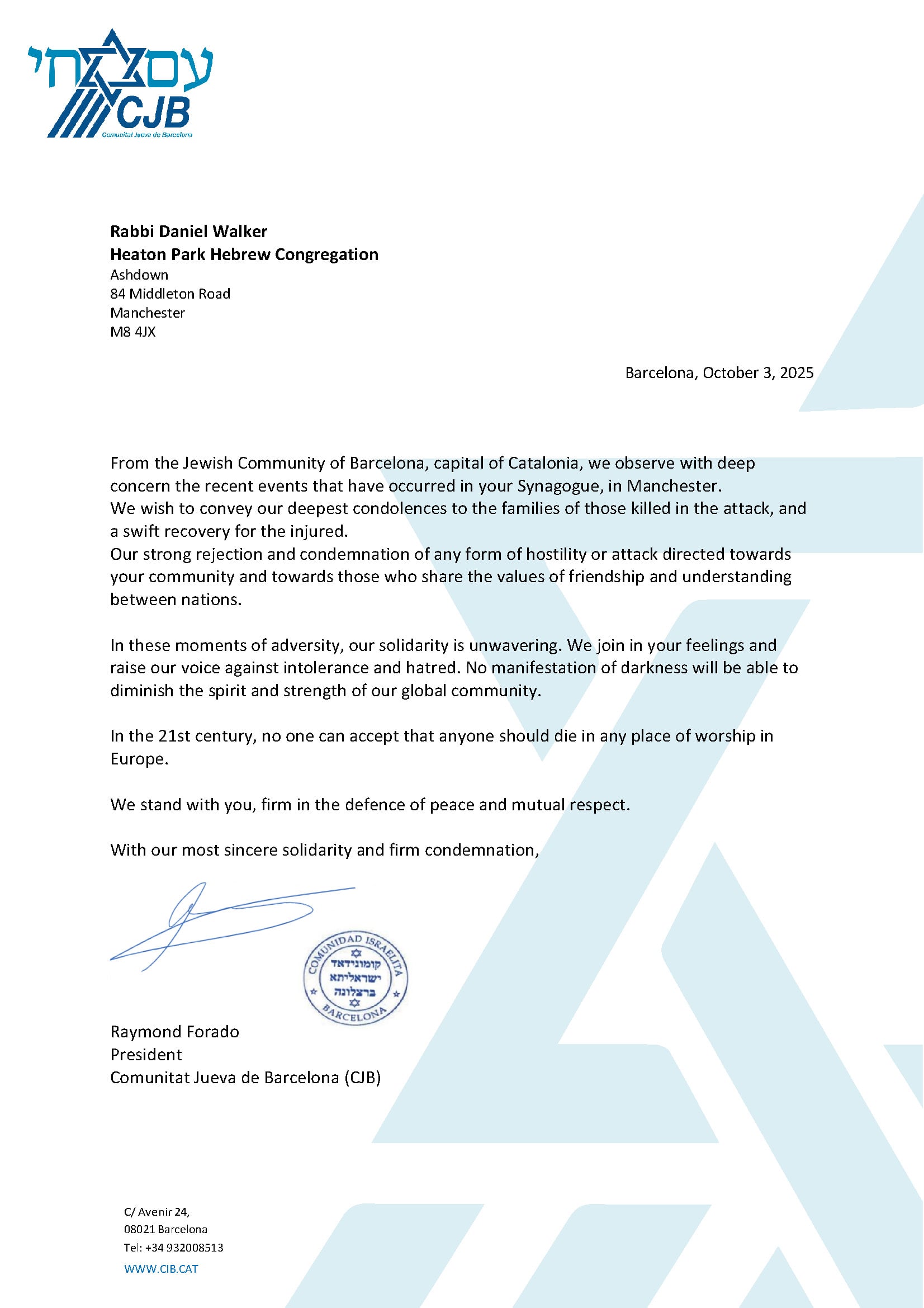 Letter from the Jewish Community of Barcelona