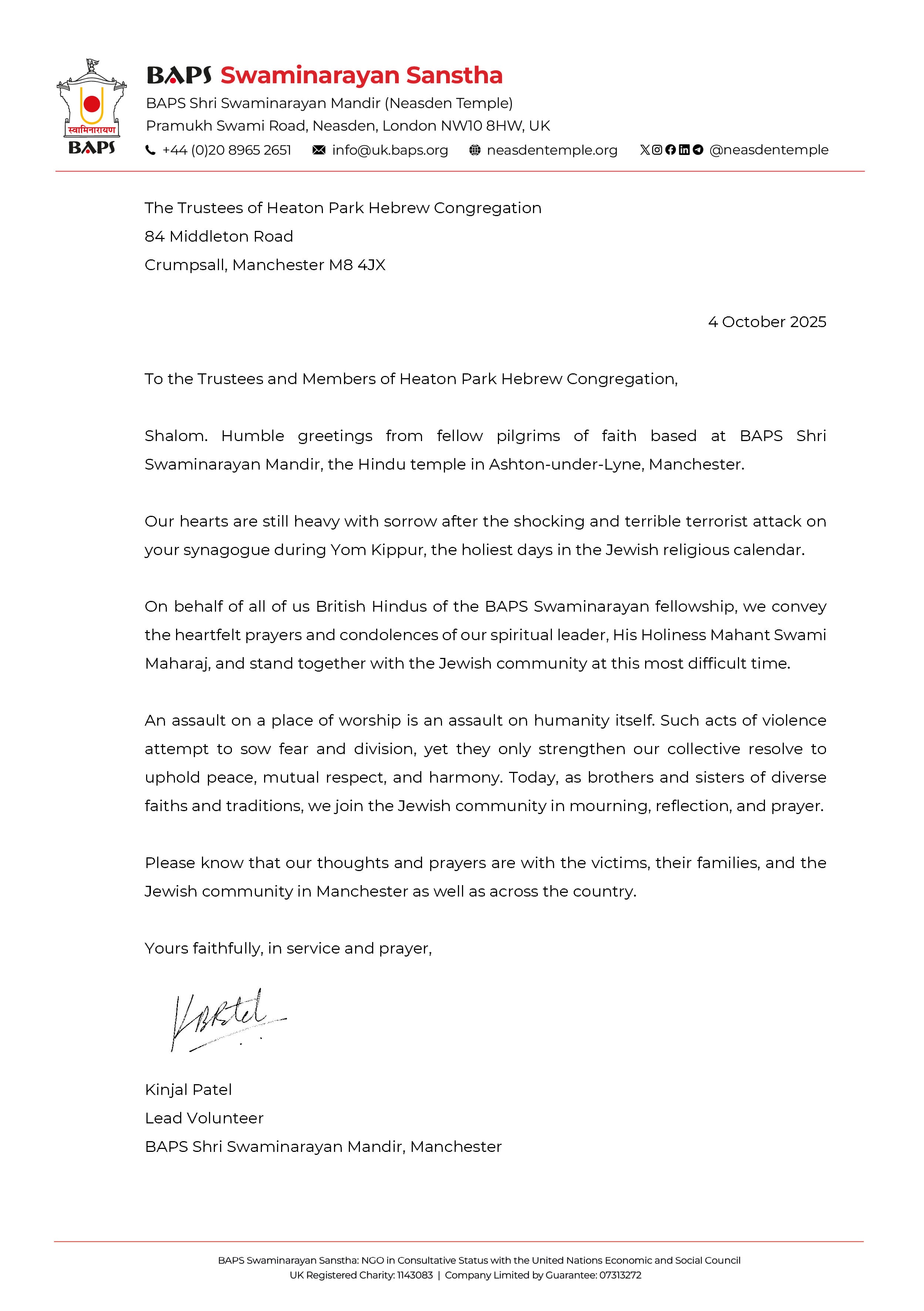 Letter from BAPS Manchester