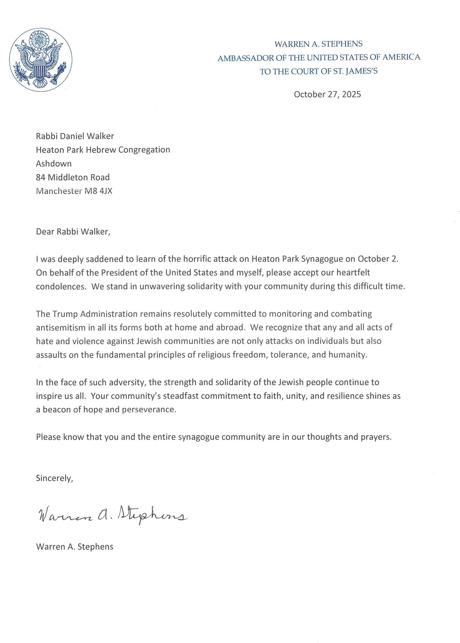 Letter from the Ambassador of the USA